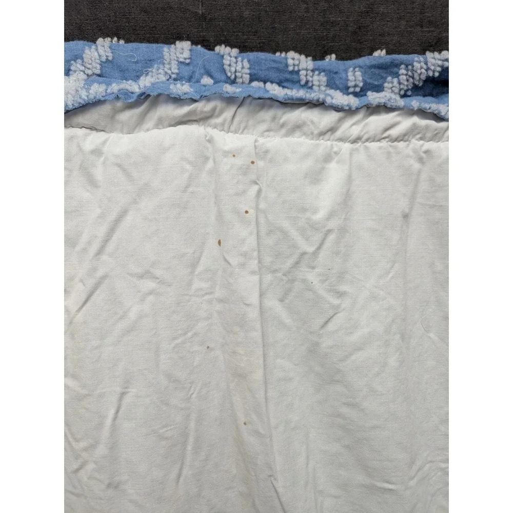 Vtg Bath Curtains Double Wedding Ring Chenille Drapes Blue White Pair Rod Pocket